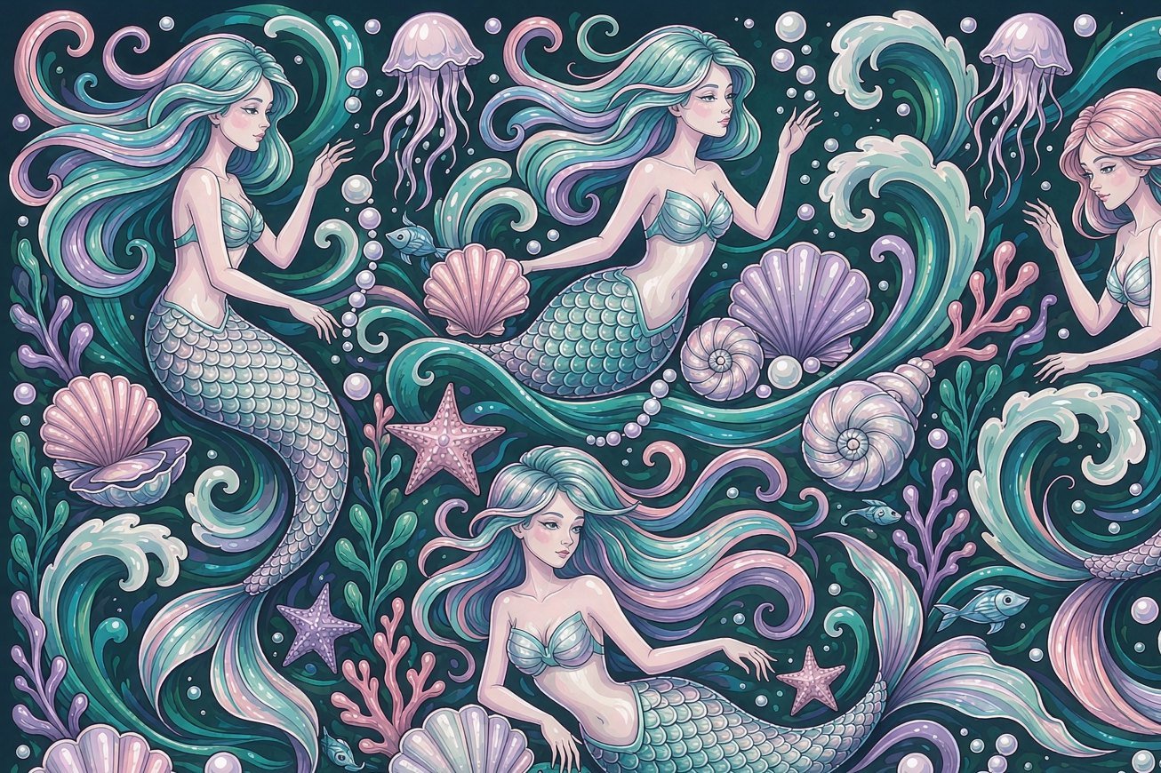Mermaids, seashells and waves in turquoise and lavender
