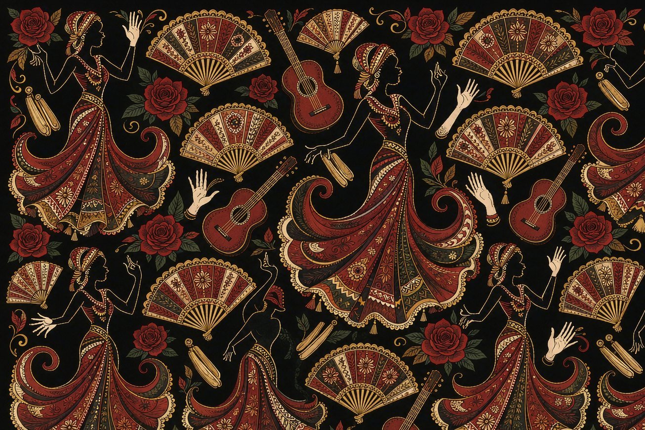 Flamenco dancers, fans and red roses on black
