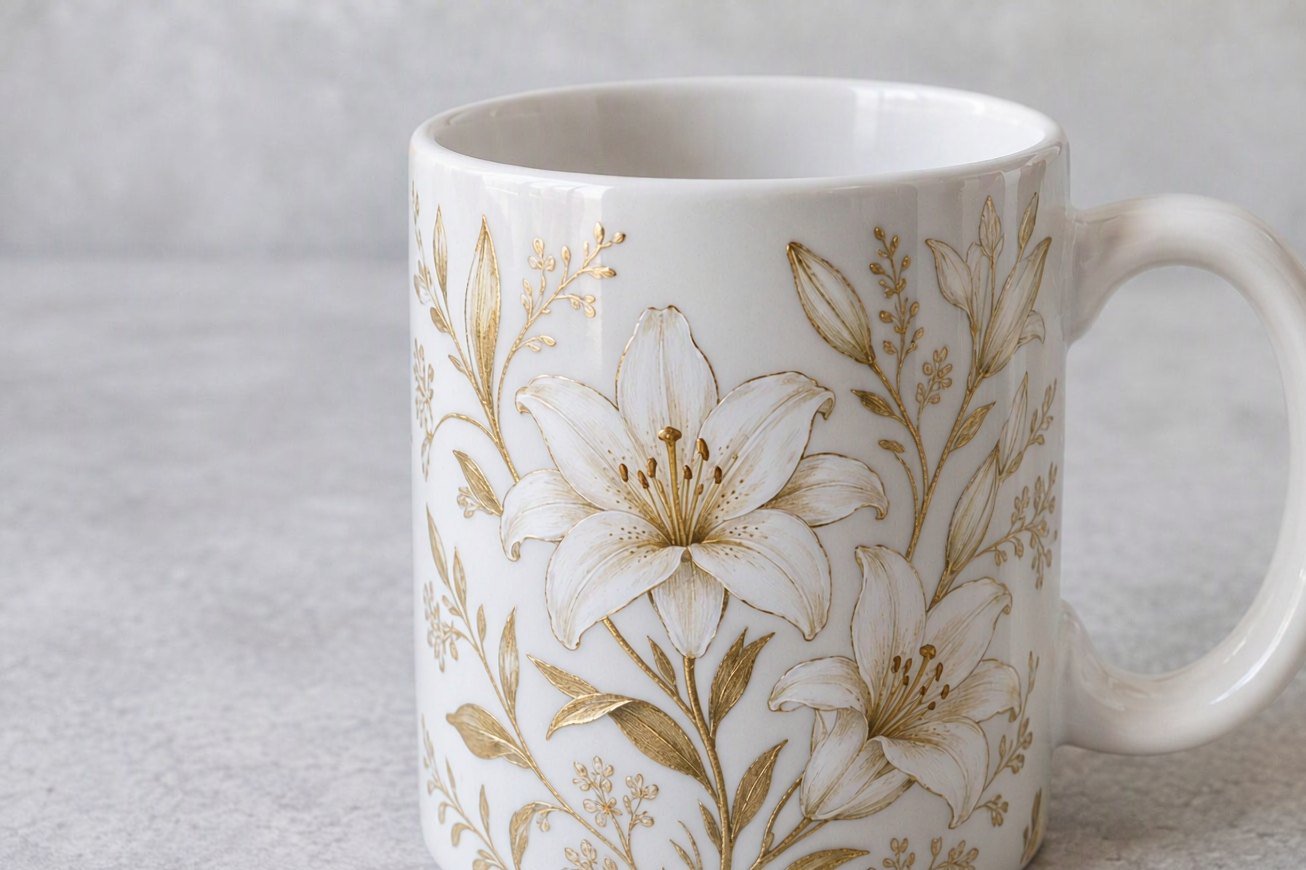Ceramic mug printed with a floral graphic