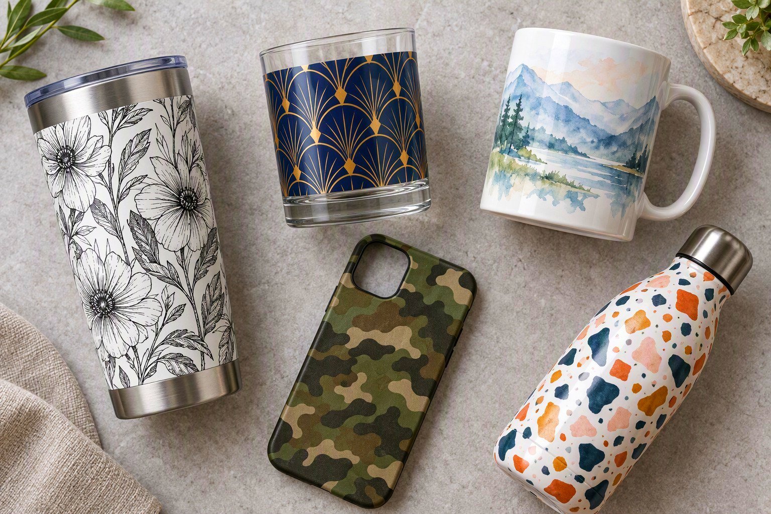 Printed drinkware across stainless steel, glass, ceramic and plastic, each in a different design