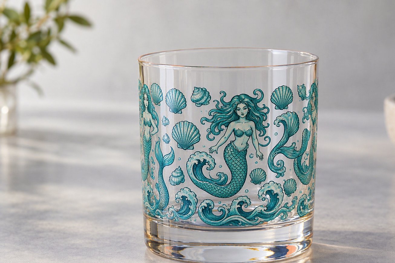Glass tumbler printed with a geometric graphic