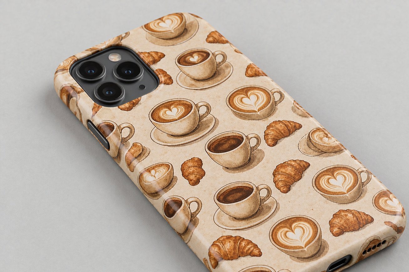Phone case printed with a colourful terrazzo pattern