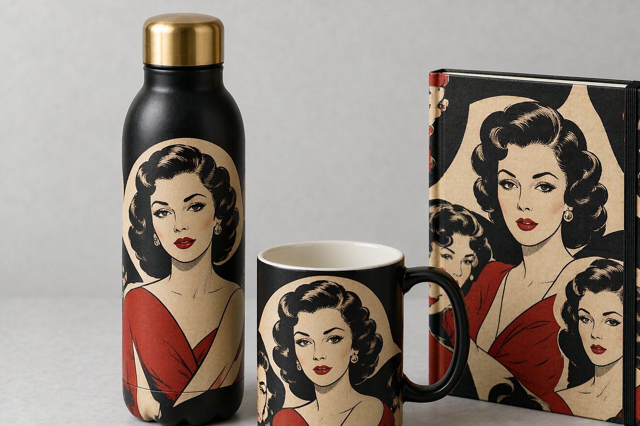 Printed bottle, mug and notebook from a promotional set in deep green and brass