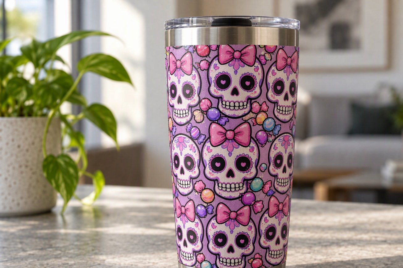 Stainless steel tumbler printed with a street-art spray paint design