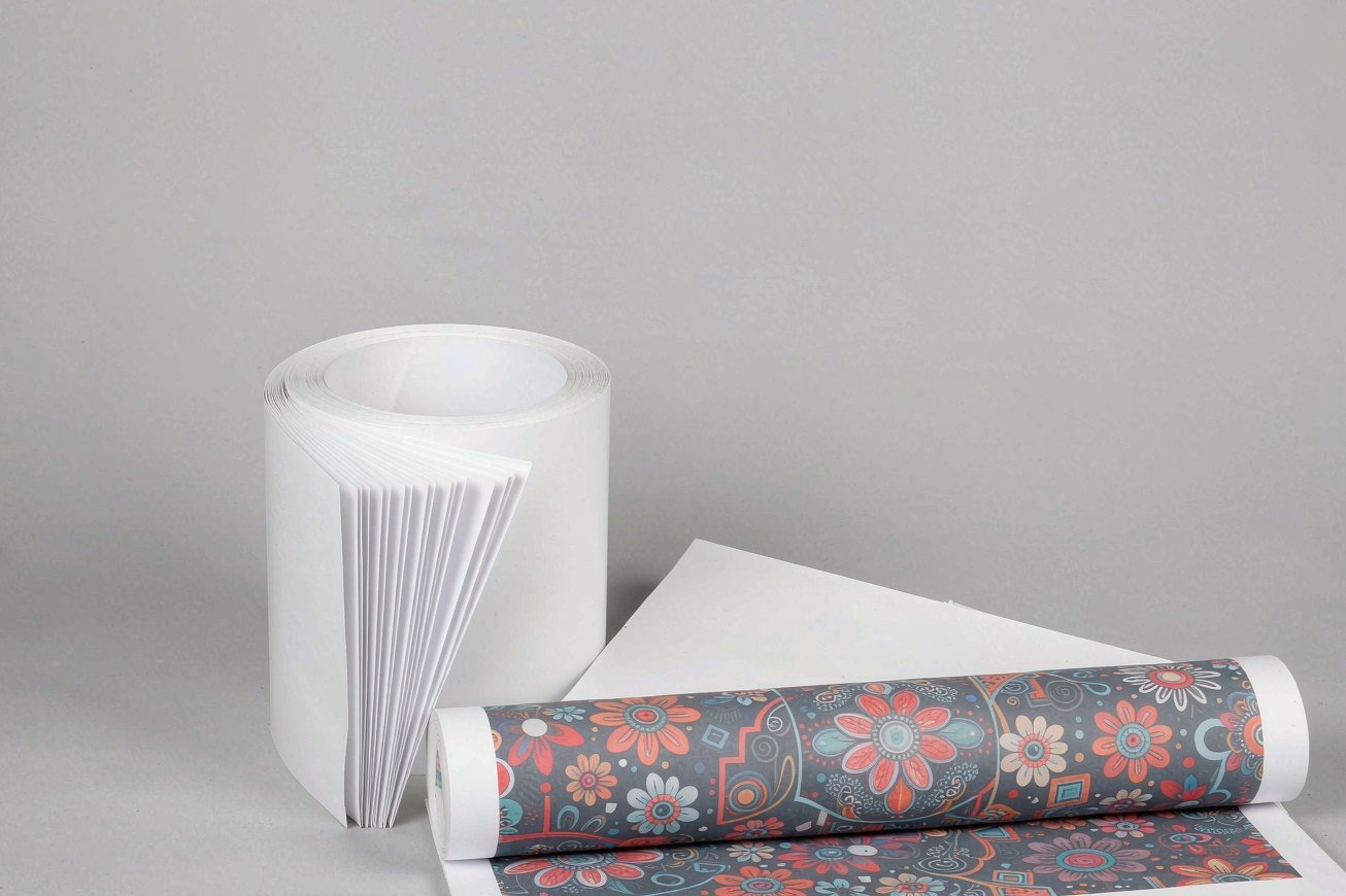 Plain white transfer film roll next to blank sheets for custom printing
