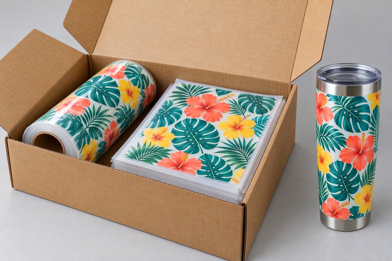 Open export carton holding a tropical-printed film roll and printed sheets, ready for private label