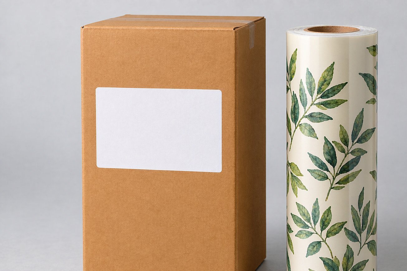 Kraft export carton with a blank label area beside a roll printed with a black and white geometric pattern