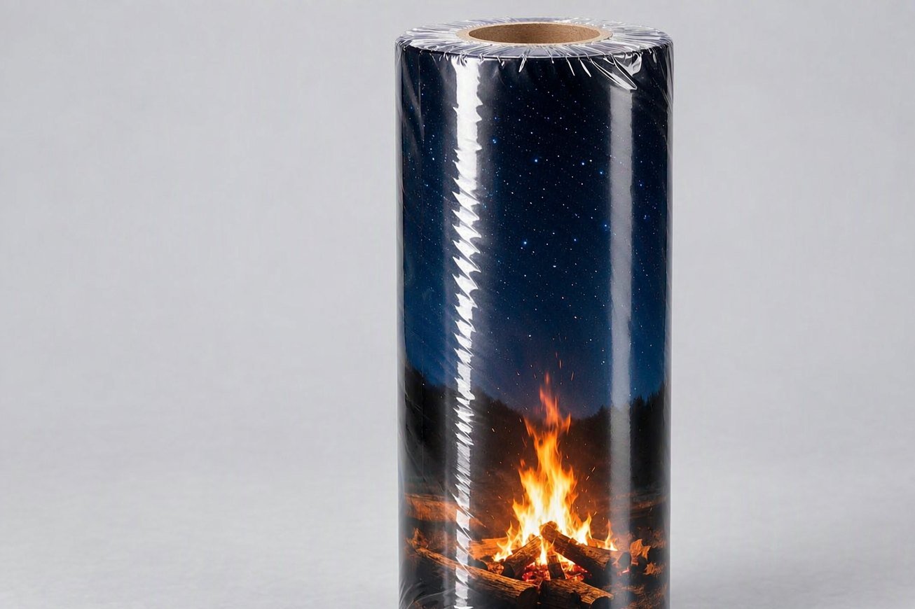 Transfer film roll printed with a neon gradient, sealed inside clear shrink wrap