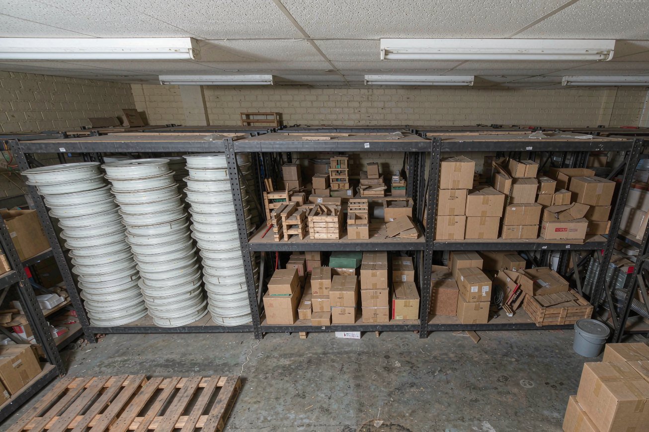 Finished goods warehouse, film rolls on racking
